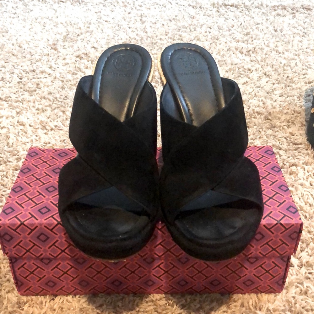 Tory Burch Wedges with gold accents on back of shoe. 8.5M